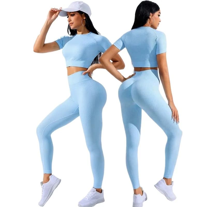 Set da yoga a maniche corte lavorate a maglia senza cuciture Top aderenti da donna Leggings push up 2 pezzi Tute da palestra Abbigliamento fitness da allenamento