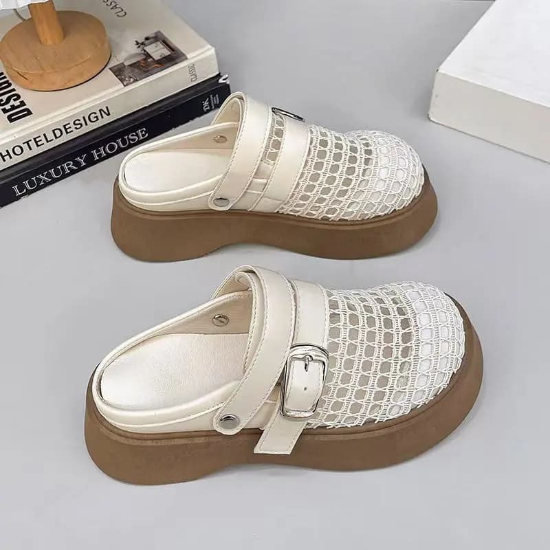 Sandali con zeppa Baotou scavati in rete da donna Sandali con zeppa estivi con suola spessa antiscivolo a doppio scopo Sandali con tacco alto