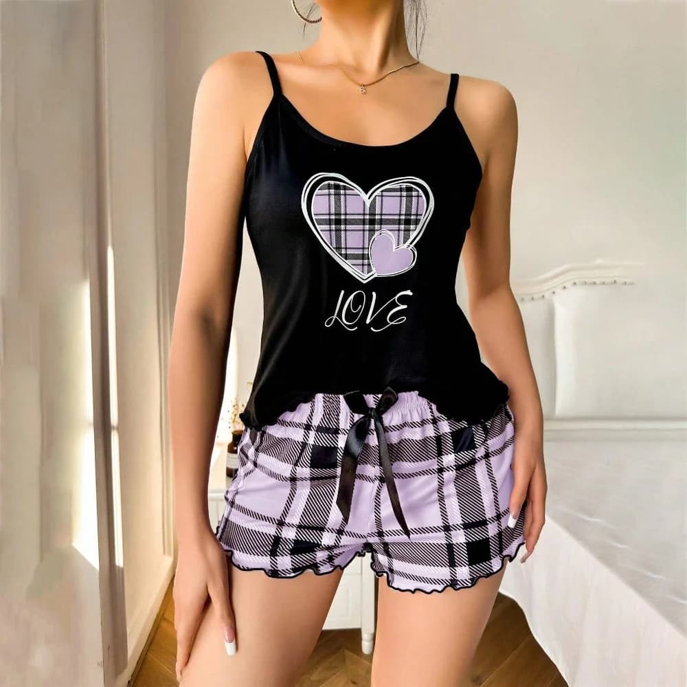 Fashion Love Heart Women's Pajamas Set Homewear Bowknot Two Piece Nightwear Comfortable Summer Cami Shorts Pajamas Spring/Summer