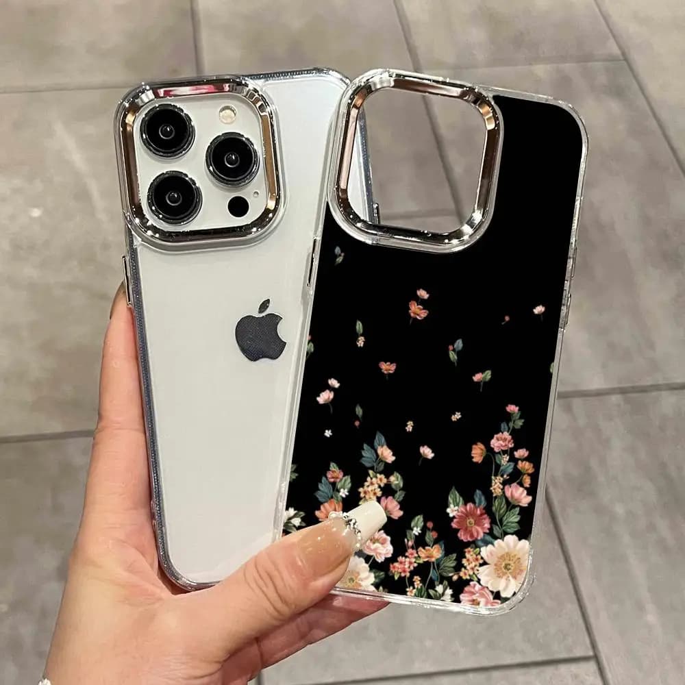Cover per Telefono con Fiori per iPhone 17 Air 16 15 14 Plus 13 12 11 Pro Max 16e, Antiurto, Trasparente HD