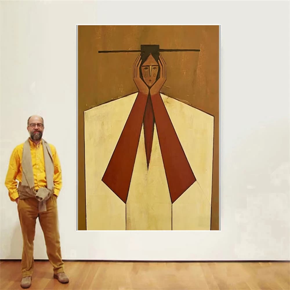Hand-Painted Mid-Century Modern Geometric Figure Canvas Painting Abstract Figurative Wall Art for Living Room Home Decor