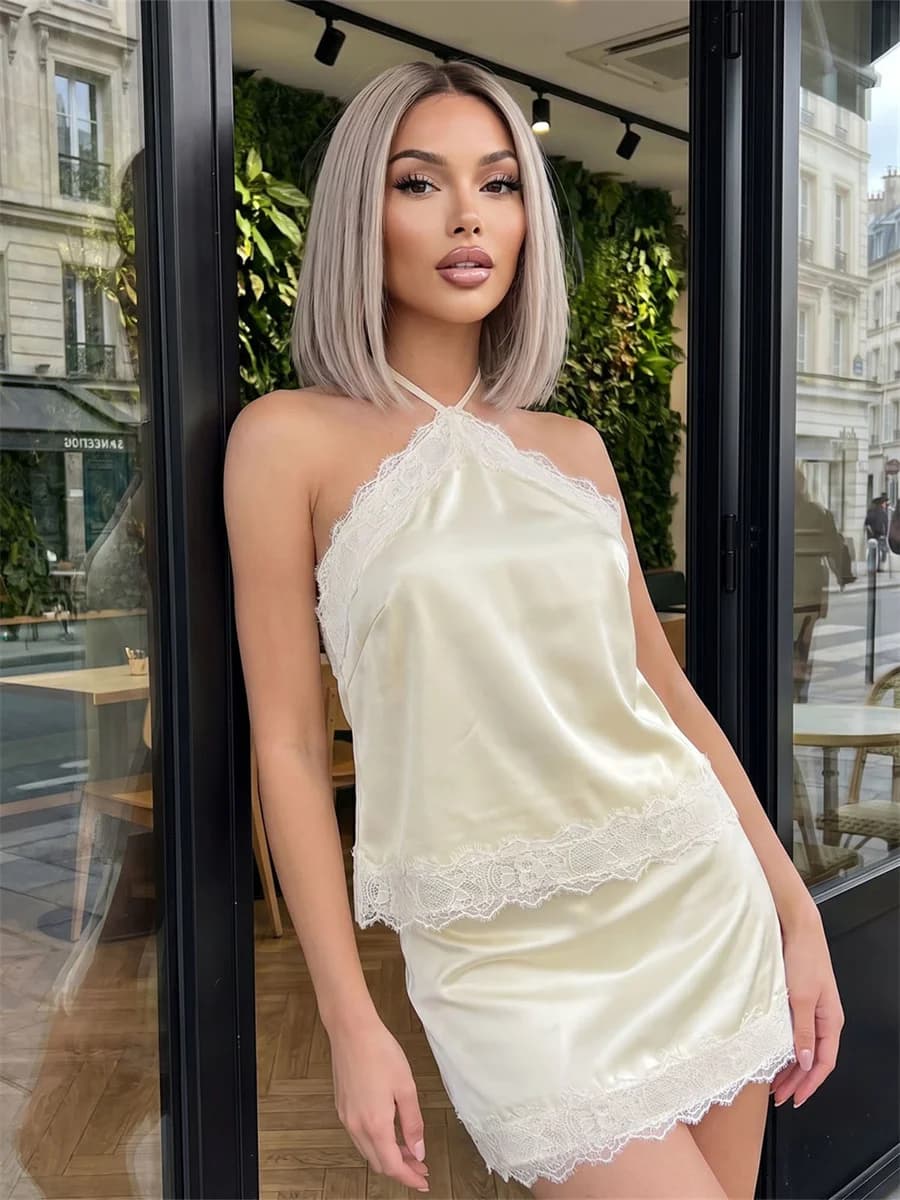 Summer Women's Satin Lace Trim Skirt Outfits Sleeveless Halter Camisole Tops with Mini Skirt 2 Piece Sets