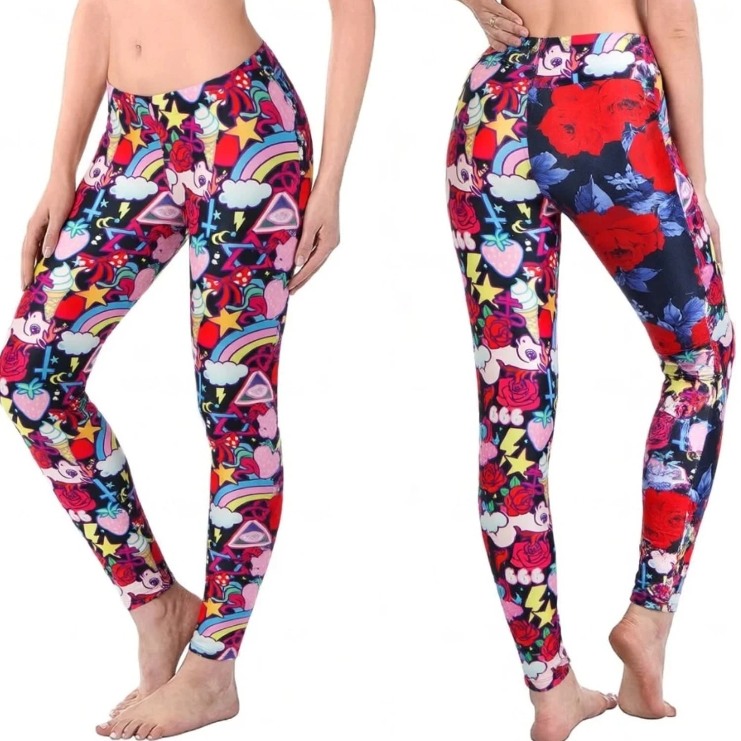 Women's Colorful Rainbow Print Leggings Cute Cartoon Graffiti Heart & Star Graphic Yoga Pants Tummy Control Workout Tights