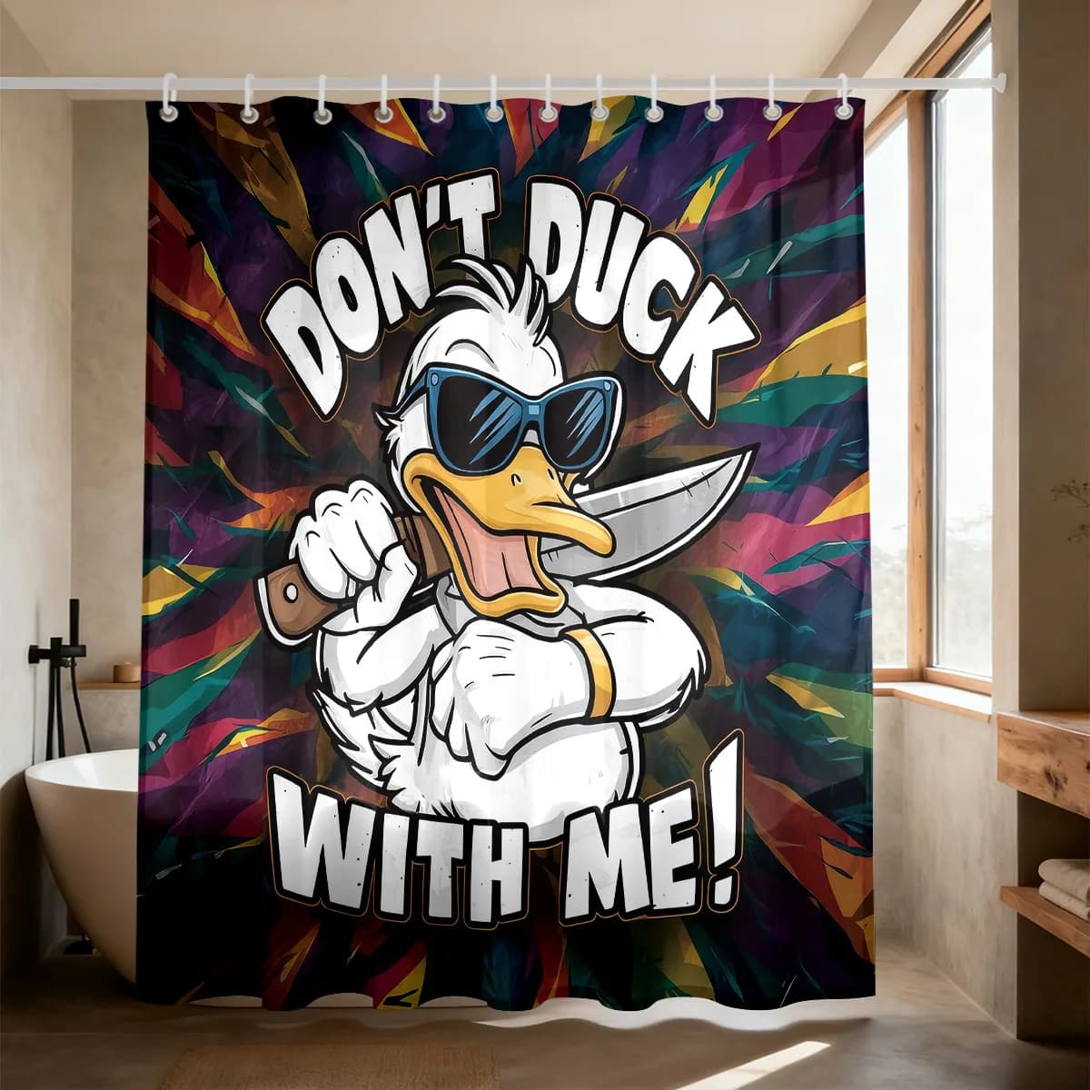 Novelty Funny Cartoon Shower Curtain Polyester Digital Printed Cool Duck With Sunglasses Background Humorous Animal