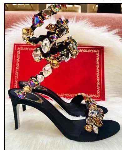 Sandali di Lusso da Donna con Gemme Colorate, Cinturino Avvolgente, Tacco a Spillo, Strass Scintillanti, Slingback, Tacco Aperto, Scarpa da Festa Scavata e Sottile