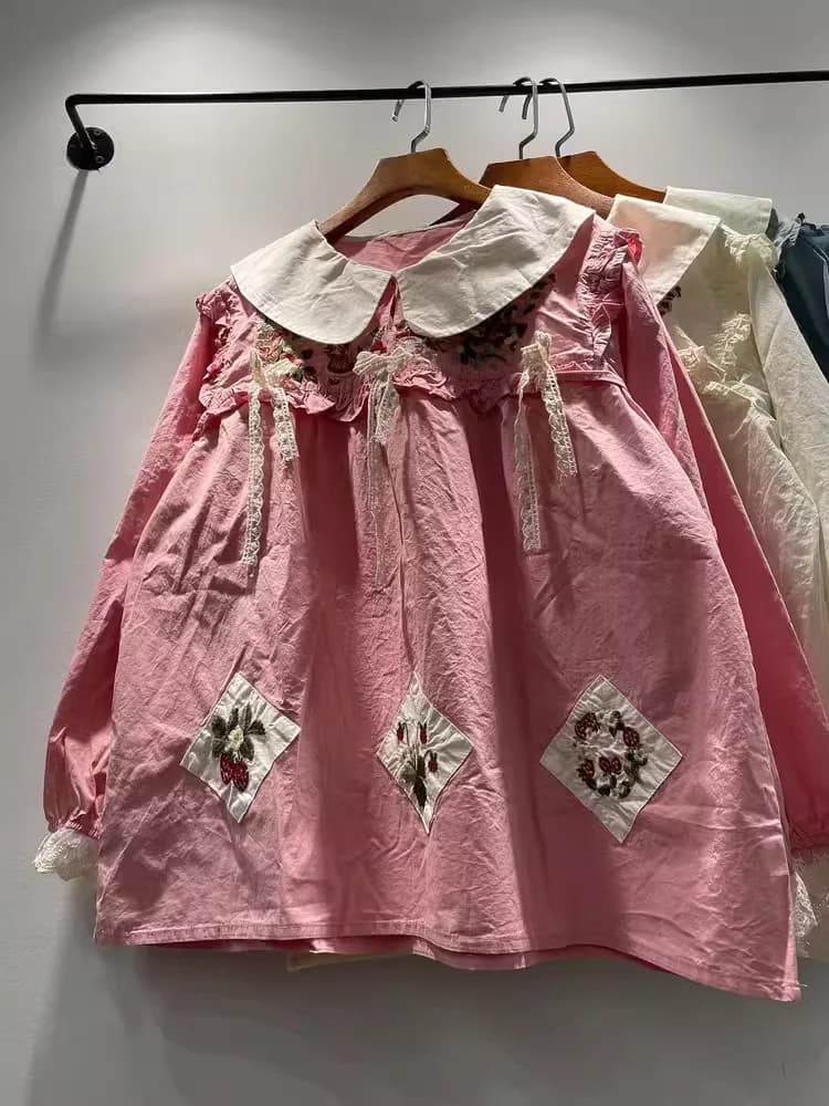 Busto 118 cm Mori kei dolce colletto alla Peter Pan cotone blu beige rosa toppe ricamate camicie camicette a maniche lunghe vestiti carini
