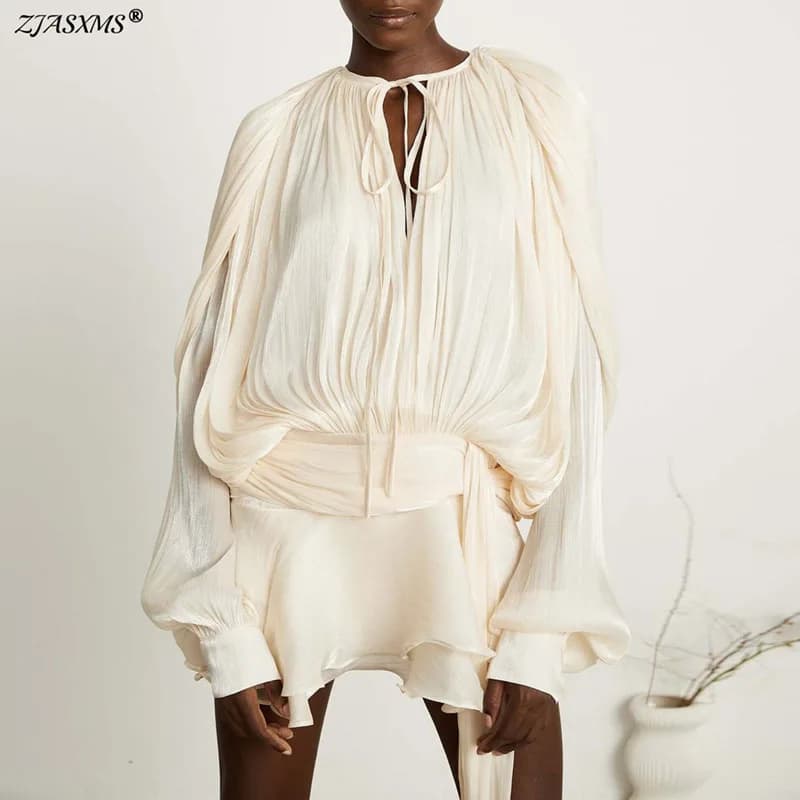 Trendy Woman Clothes 2025 Spring O Neck Lace-up Satin Elegant Party Dresses French Autumn Puff Sleeve Ruffles Pleated Mini Dress