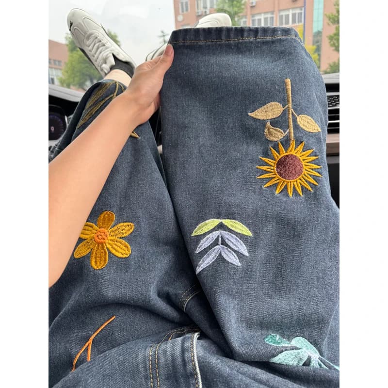 Y2K Korean style unisex denim shorts with floral embroidery, straight leg jeans at seven High Street style points, for pair