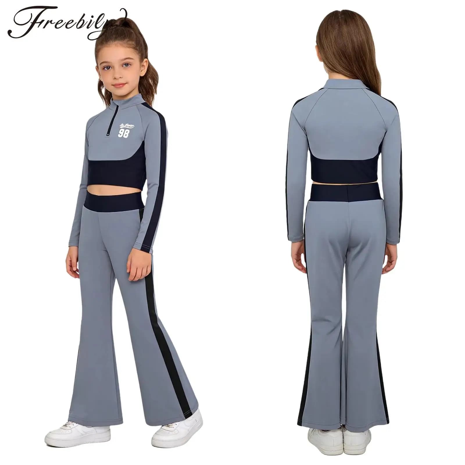 Set sportivo da yoga per bambine, set da allenamento per danza e ginnastica, top corto atletico slim fit a maniche lunghe e pantaloni leggings a zampa d'elefante