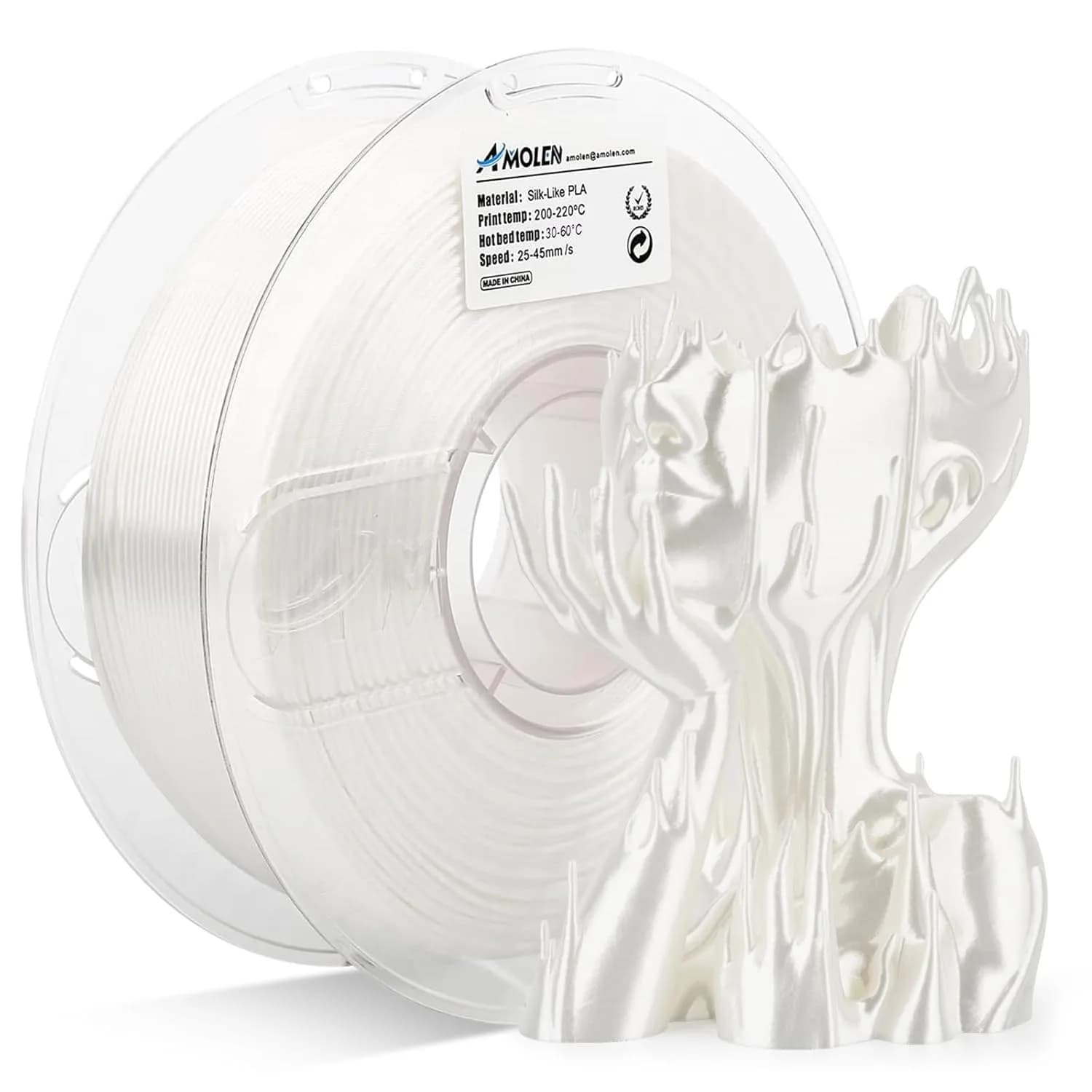 Filamento PLA Seta 1.75mm, Bianco Lucido per Stampanti 3D, Bobina da 1kg per Stampe Lisce e Lucide, Compatibile con la Maggior Parte delle Stampanti 3D FDM