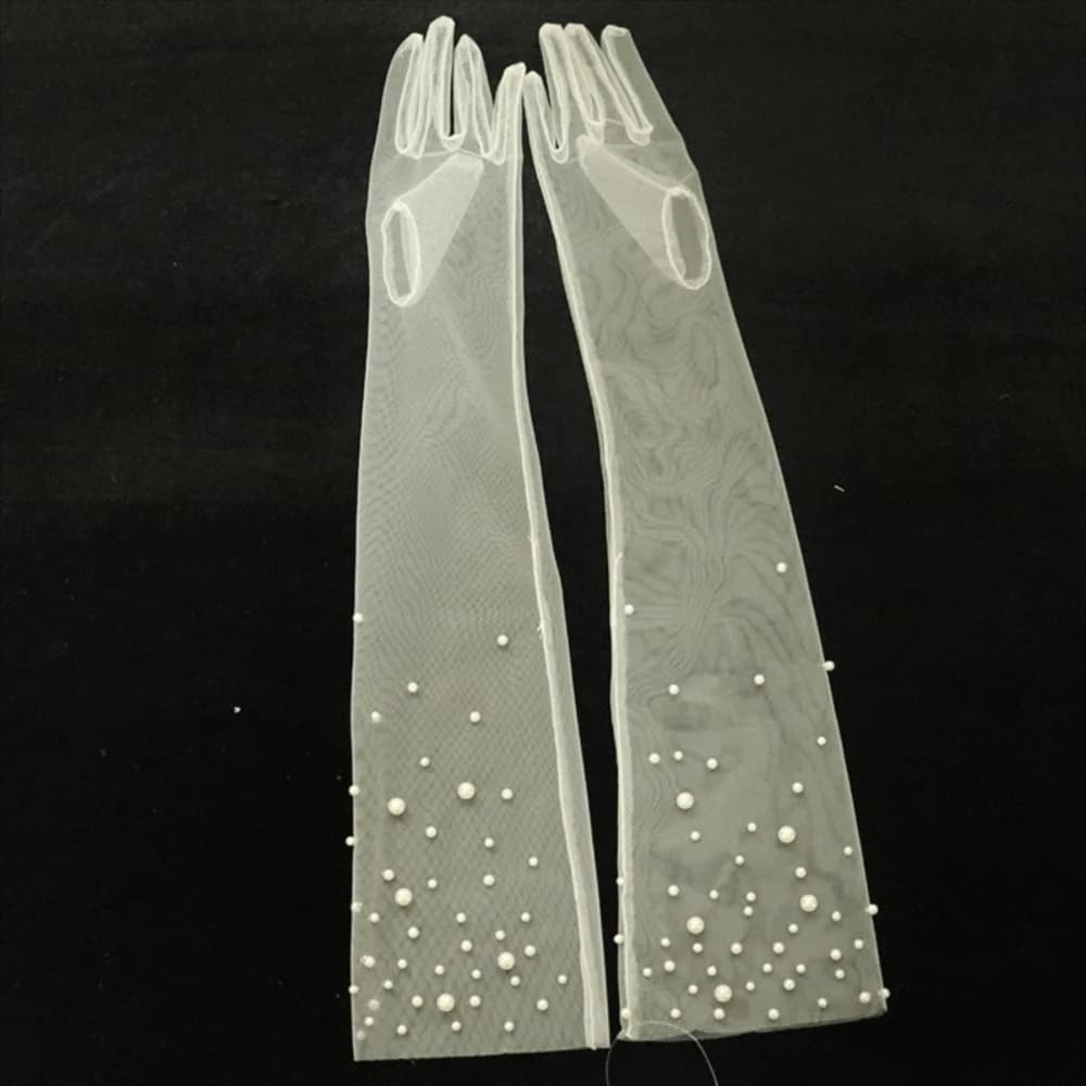 Vintage Handmade Beading Bridal Gloves Transparent Elbow Length Pearl Gloves Elegant Slimming Tulle Gloves Evening Party