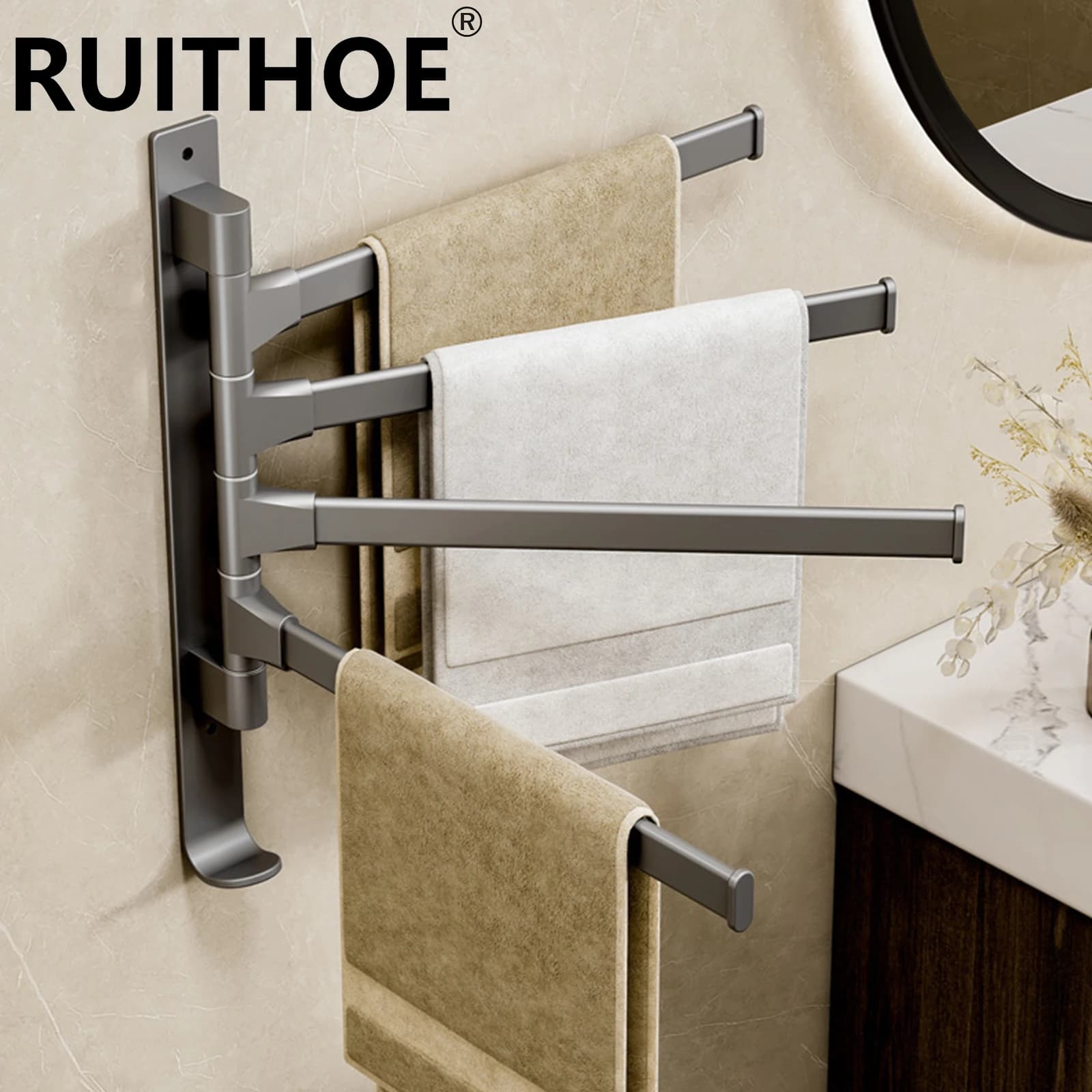 Portasciugamani da Bagno Girevole in Alluminio, Porta Asciugamani a 1/2/3/4/5 Barre, Appendiabiti da Parete per Cucina