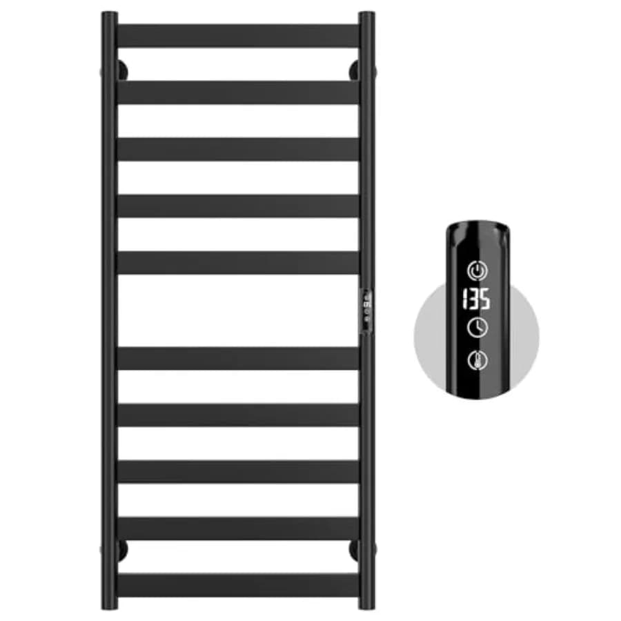 Scaldasalviette elettrico per bagno, in acciaio inossidabile, colore nero, torre riscaldante a 10 barre con timer integrato e