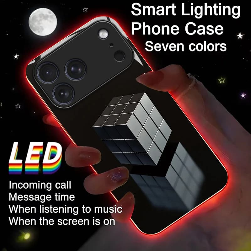 Mirror Cube Luminous Glass LED Call Light Up Flash Phone Case Cover For iPhone 17 Pro Max 16 Pro Max Air 17E 16E 15 14 13 12 11 Pro XS XR Max Plus 7 8 Plus SE Cover Case