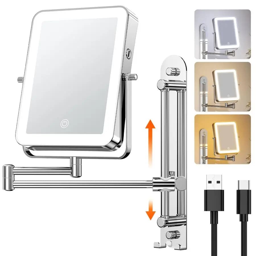Specchio per il Trucco Illuminato da Parete Regolabile in Altezza con Ganci, Ricaricabile 3000mAh con Ingrandimento 1X 10X, 3 Colori di Luce