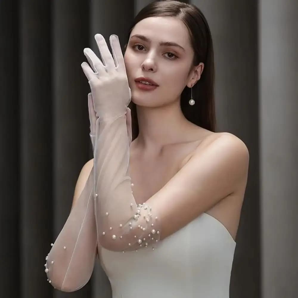 Guanti da Sposa di Lusso Fatti a Mano con Perline, Eleganti Guanti Trasparenti da Matrimonio, Guanti Sottili in Pizzo e Tulle, Accessori Nuziali