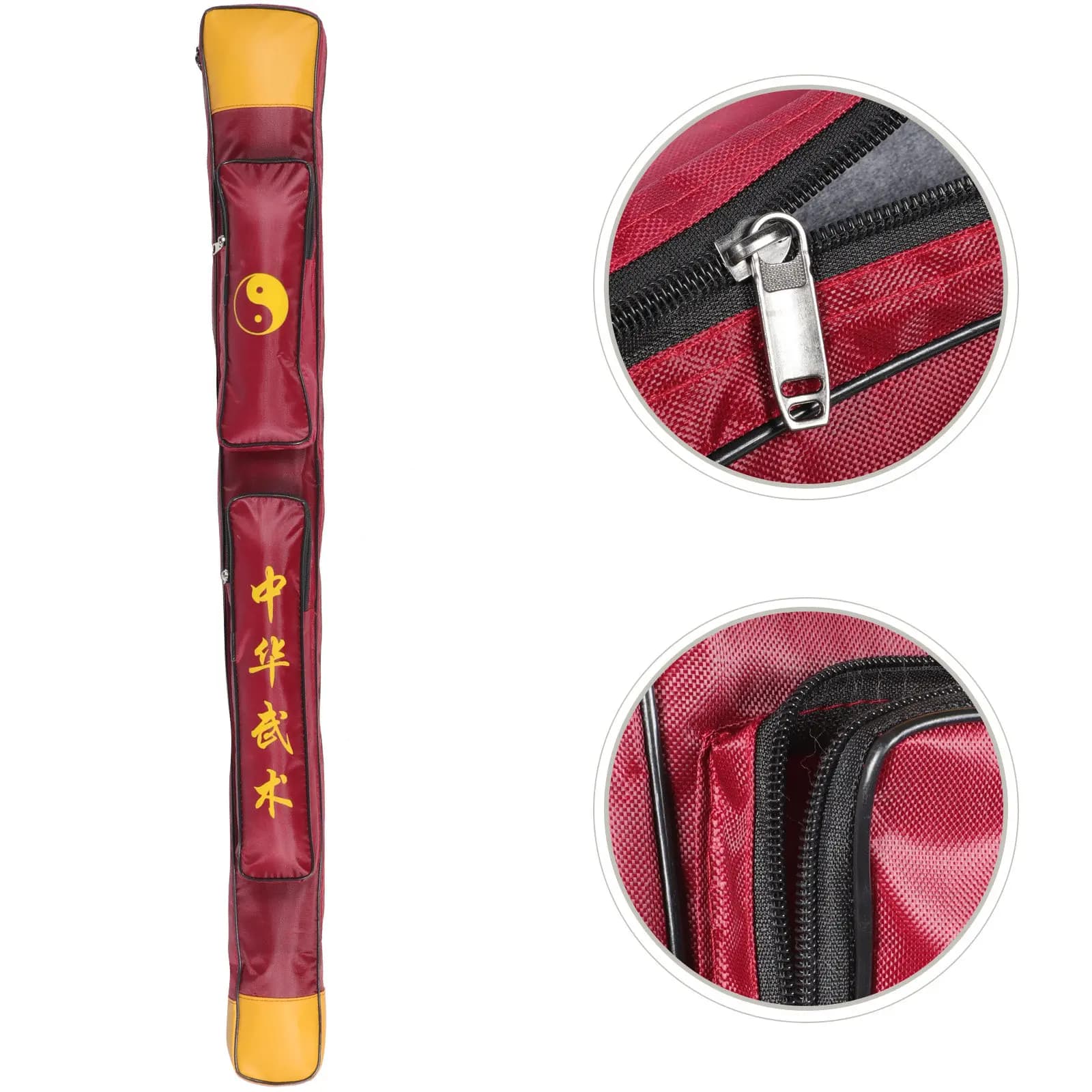 Zippered sword bags, portable sword pockets, sword guards, sword bags with resistance elastics for exercises.