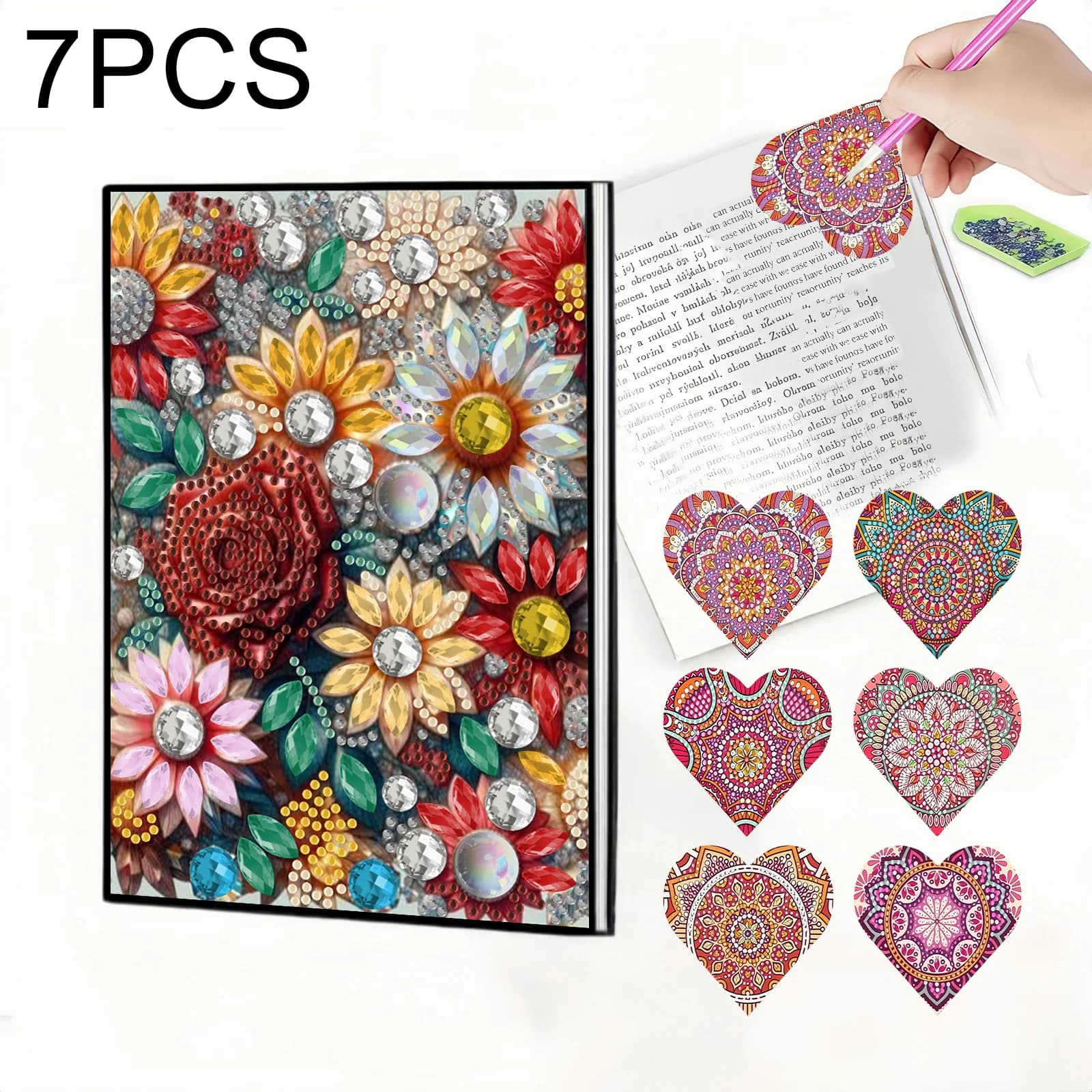 7 Pieces, 1 Diamond Painting Notebook + 6 Bookmarks, Mandala, flower pattern, PU leather, used as a gift for reading Adults