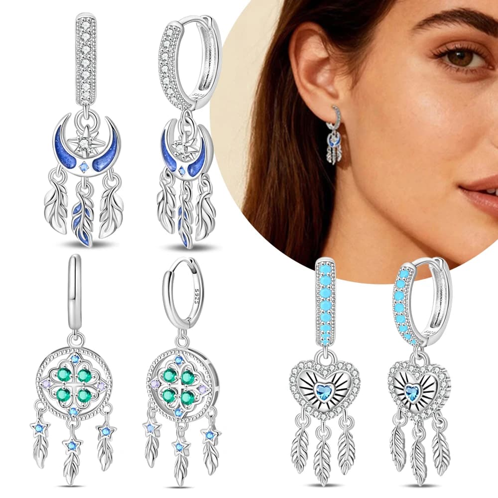 Heart Dreamcatcher Zircon Earrings Original 925 Silver White for Women Earrings Anniversary Jewelry Delicate Fine Gift Romantic