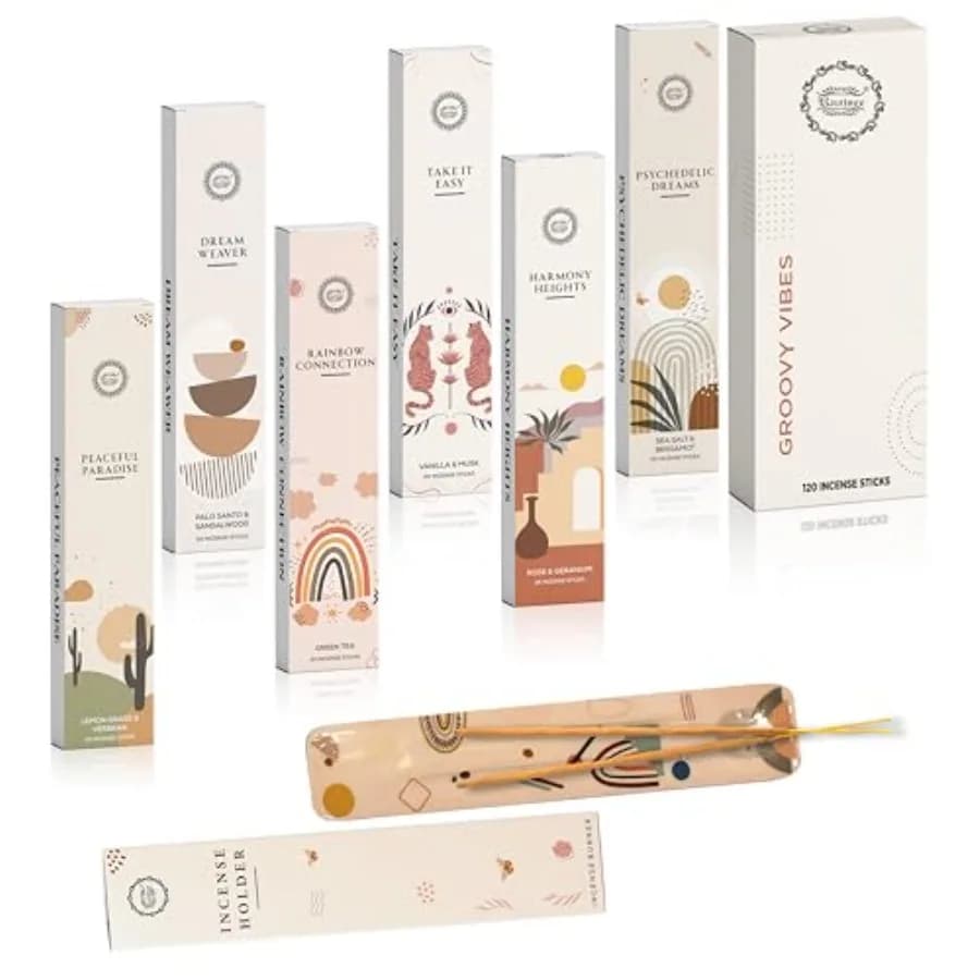 Incense Sticks Organic Non Toxic - Pack of 6 Natural Inscents with Insence Holder -120 Sticks, Clean Burn, Boho Gift Set, Palo