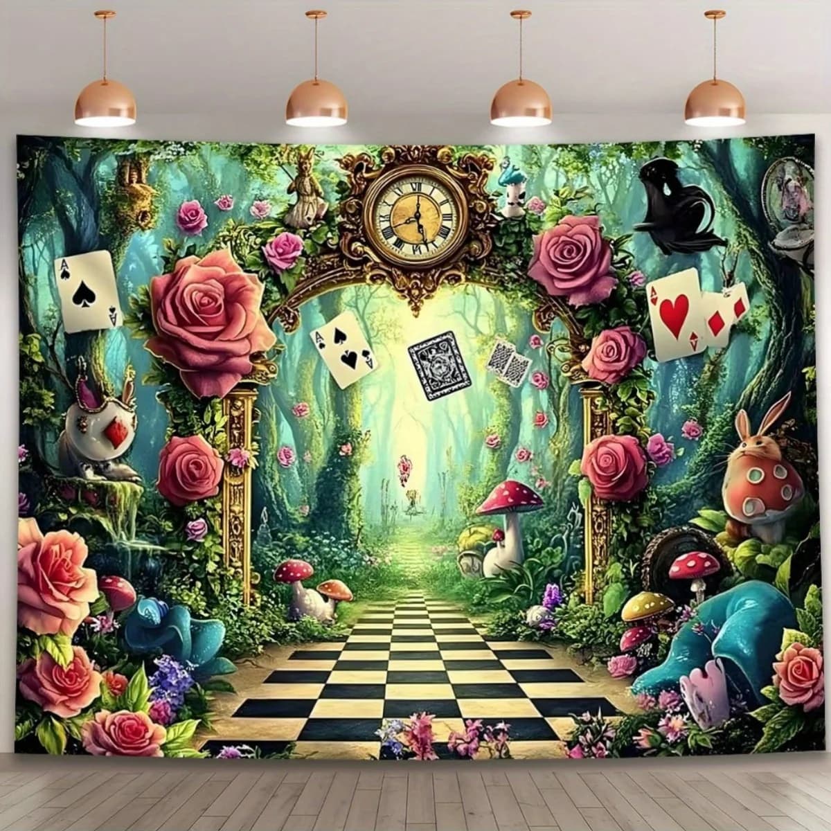 Arazzo da Parete Alice nel Paese delle Meraviglie, Decorazione Giardino Fantasia, Sentiero degli Scacchi, Orologio Rosa, Tema Alice, Decorazione Camera, Stampa 2D