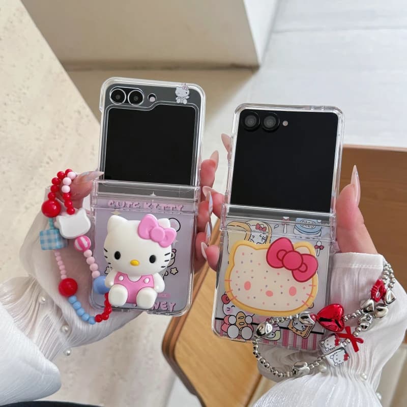 Supporto del supporto Simpatico cartone animato Sanrio Hello Kitty Custodia per telefono per Samsung Galaxy Z Flip 7 6 5 4 3 Custodia rigida in TPU con cordino