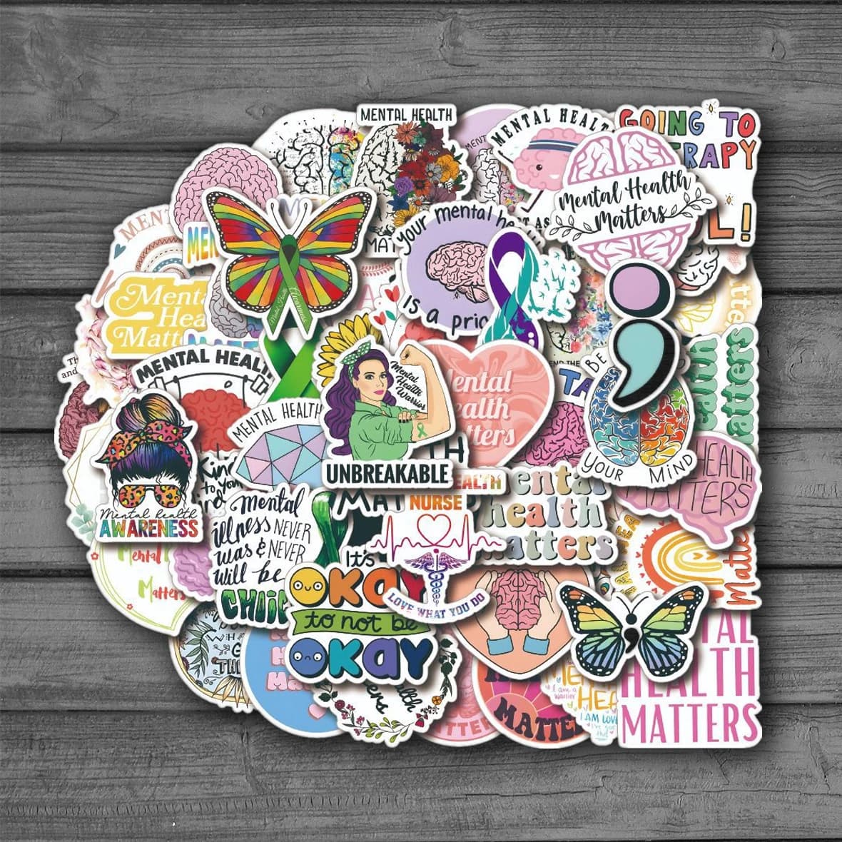 50pcs adesivi per la salute mentale impermeabile Skateboard decalcomania da viaggio moto telefono Laptop bagagli Sticker