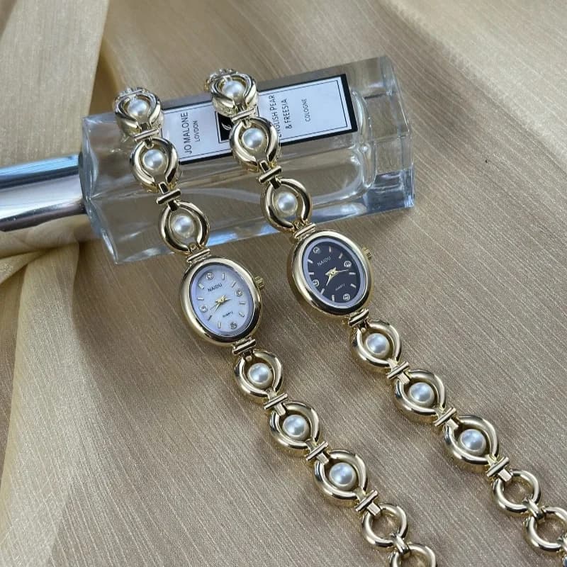 Fashionable Women's Watch Wrist Strap With Vintage Pearls Watch Luxury Gift Watches Women's Quartz Watch With Oval Dial