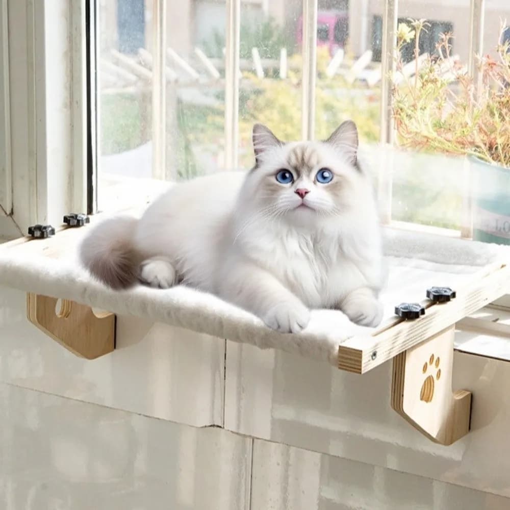 Amaca per gatti da finestra con telaio in legno, design con impronte di zampa, resistente, letto amaca per gatti, letto per gatti sospeso e confortevole, smontabile, facile da montare