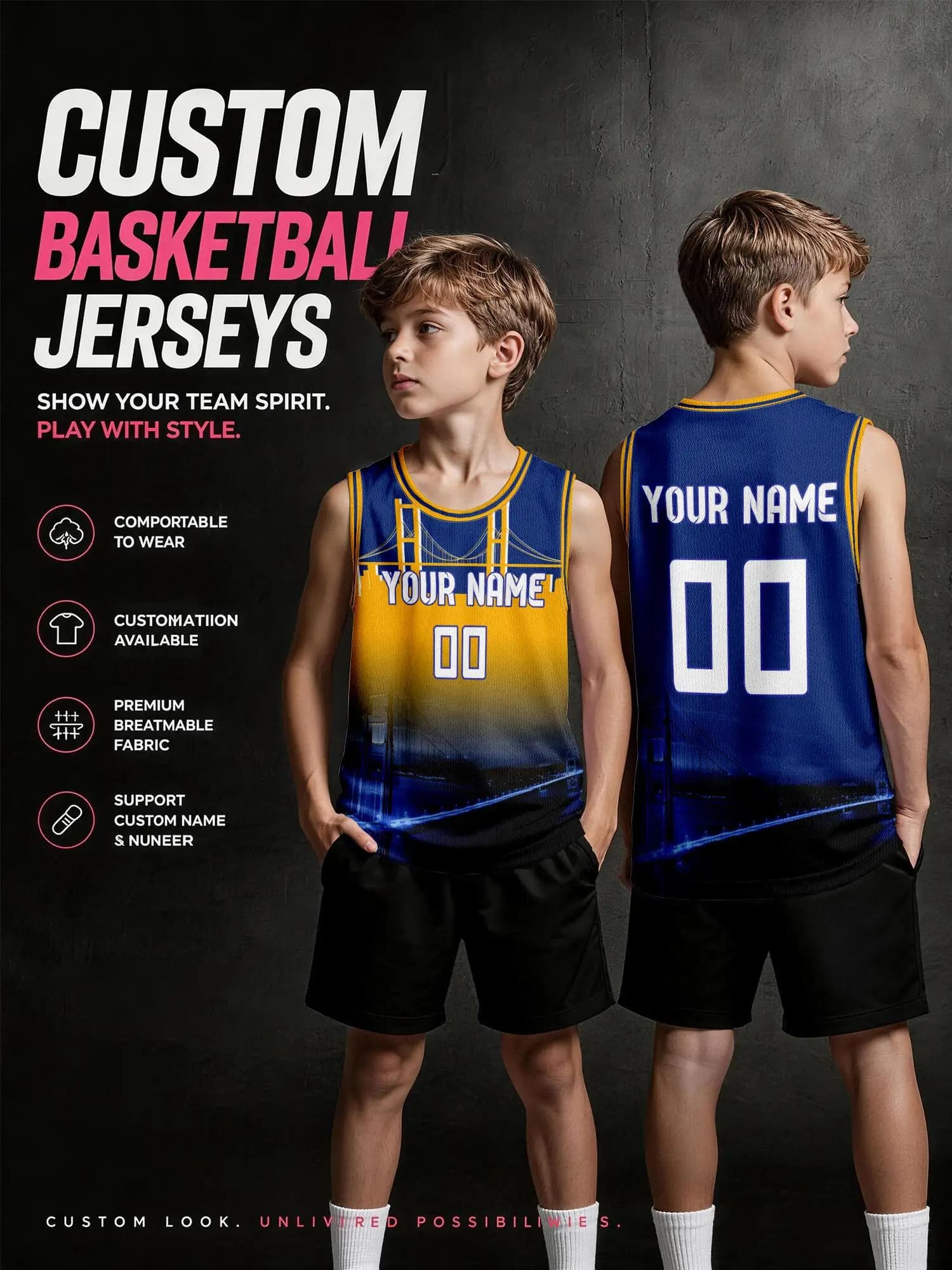 Kids Custom Gradient Basketball Jersey Set, Printable Name & Number, Breathable Mesh Youth Team Uniform Tank Top