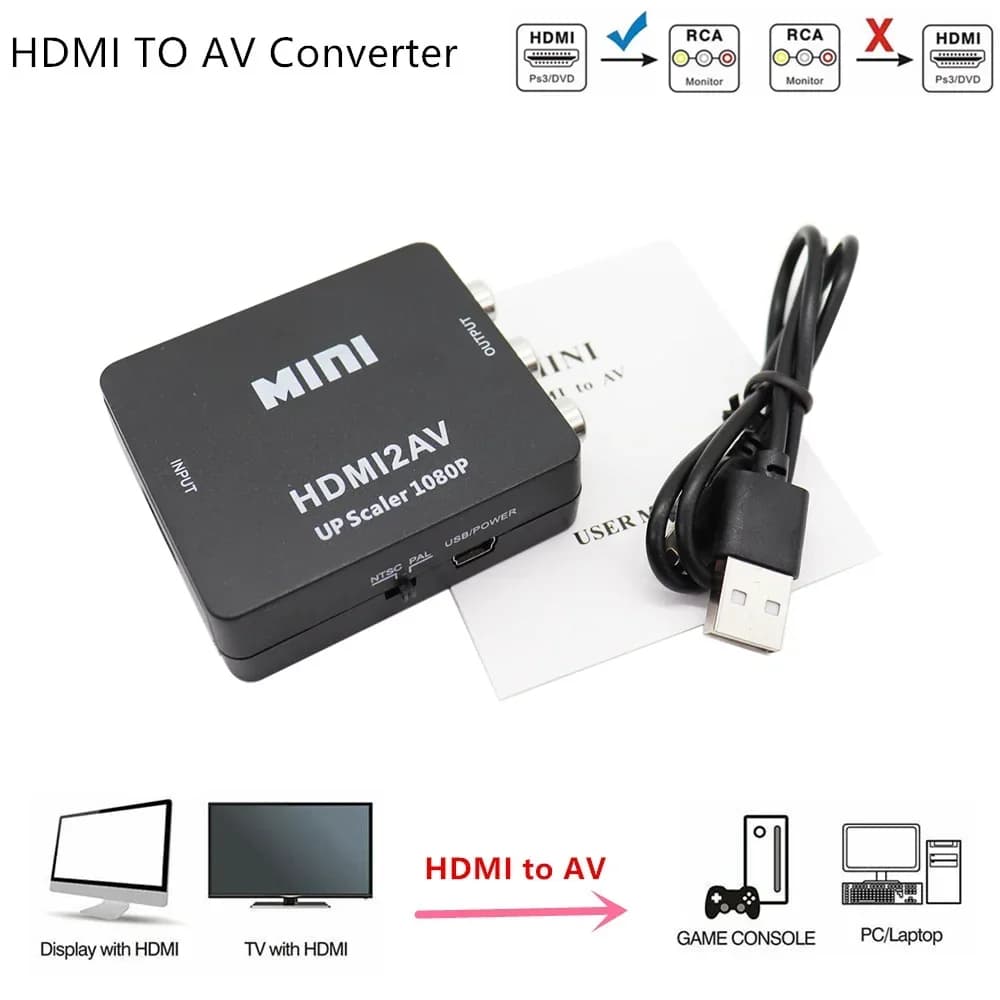 HD 1080P HDMI compatible with RCA AV/CVBS Mini HDMI2AV Adapter Video BOX Converter for PS3 VCR DVD PALMTSC PC