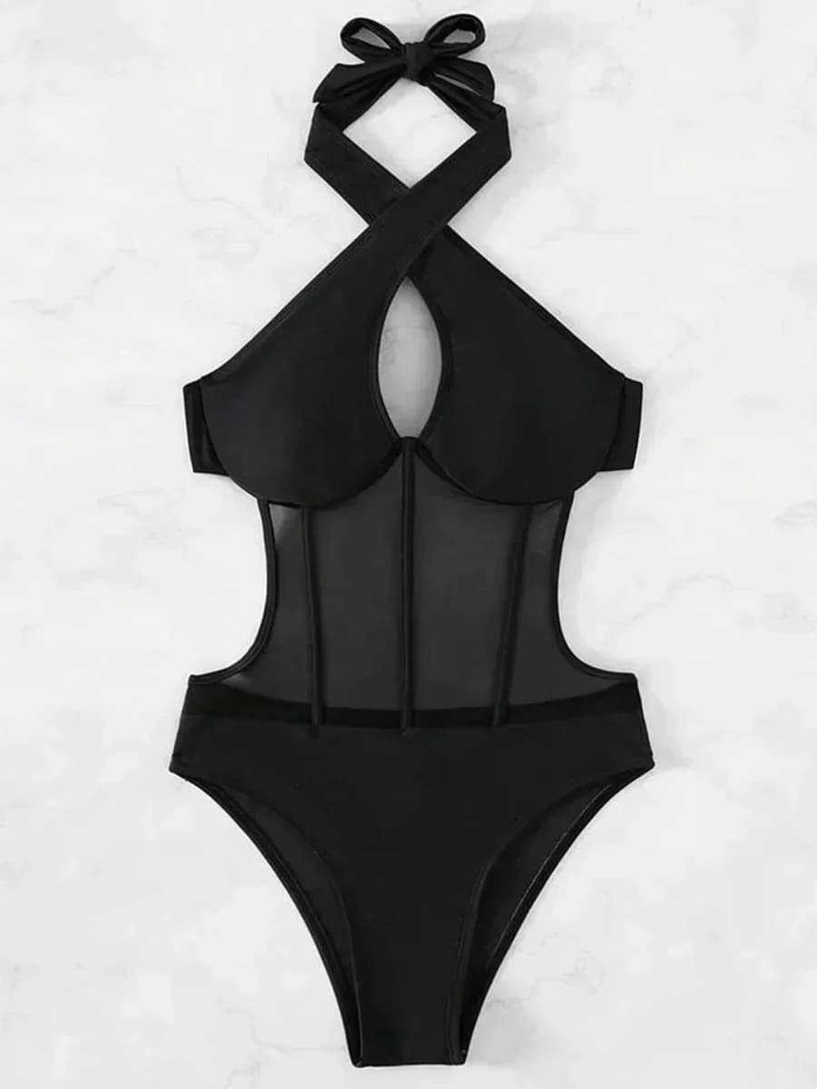 Costume da bagno intero da donna con scollo all'americana, in rete trasparente, con ferretto, senza schienale, monokini scollato, a taglio alto