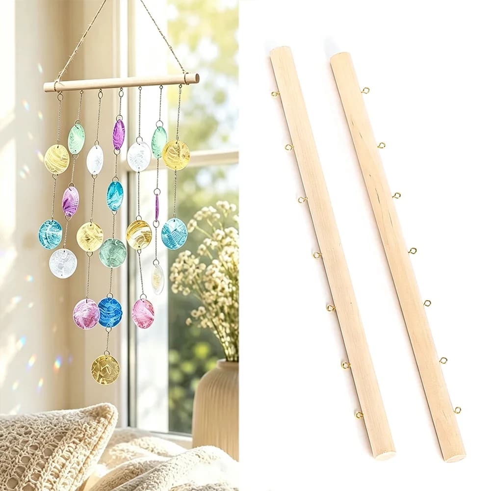 Wooden Hanging Frame DIY Suncatcher Crystal Capiz Shell Wind Chimes Bar Rod Rail Decor Making Accessories Handmade Craft 7holes