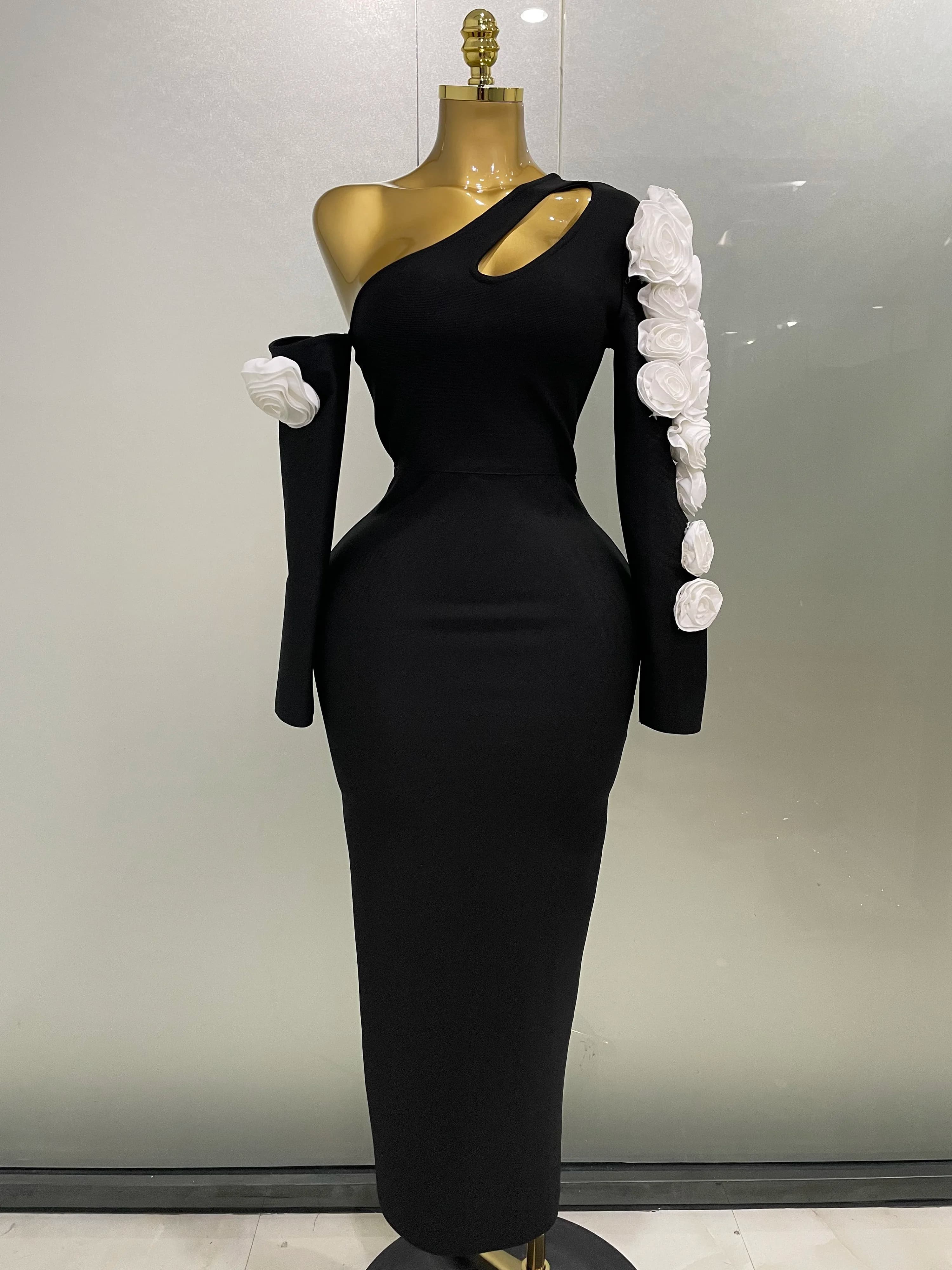 2025 Nuovo sexy monospalla con foro chiave fiore maxi lungo aderente vestito dalla fasciatura da donna lavorato a maglia elegante abito da sera per club party