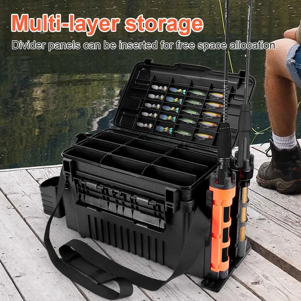 2-level fishing gear box with bucket holder and barrel holder, 11 L, for fishing accessories