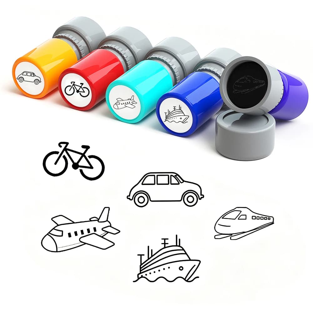 5PCS Vehicle Stamp Set (Car, Plane, Ship, Train, Bike) Great for parties, rewards, gifts & education.