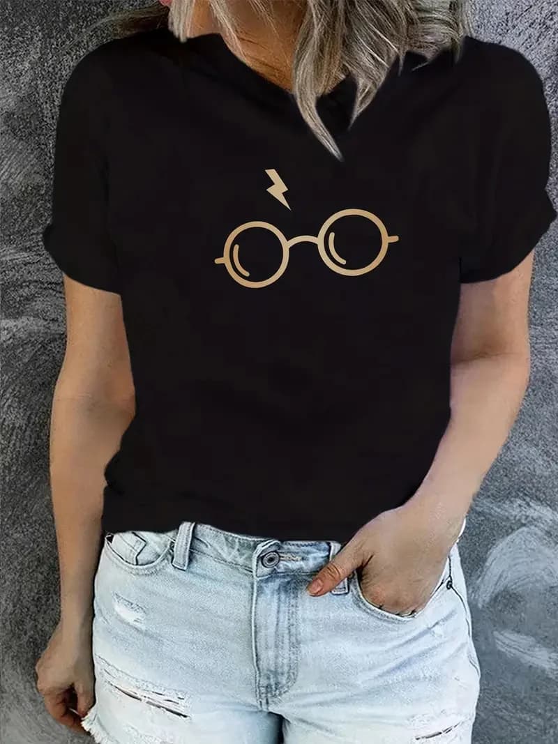 T-shirt con stampa di occhiali Top causale estivo a maniche corte Abbigliamento da donna