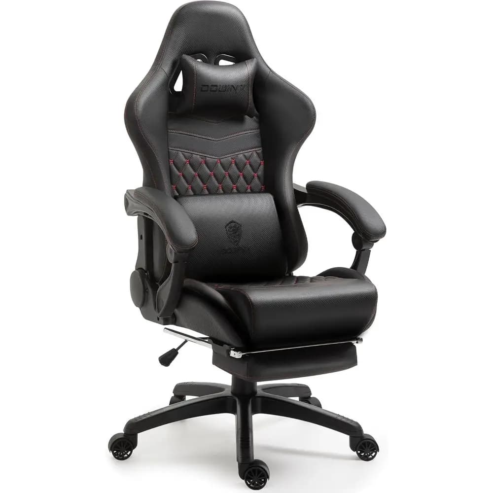 Vintage Leather High-Back Swivel Chair with Massage Lumbar Support and Footrest - Black & Red