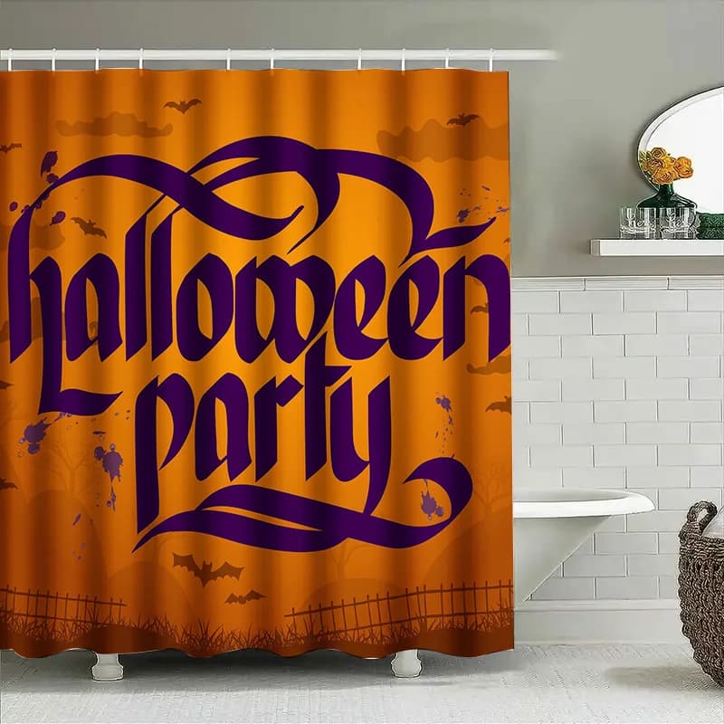 1 pezzo di tenda da doccia per feste di Halloween, pipistrello spettrale, sfondo arancione scuro, decorazioni gotiche