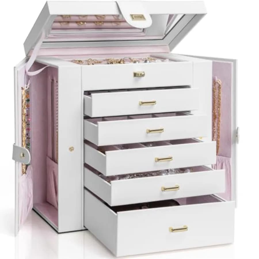 Organizzatore per Gioielli a 6 Livelli con Specchio, 5 Cassetti, Portagioie in Pelle per Donne e Ragazze, per Anelli, Collane, Orecchini e Bracciali