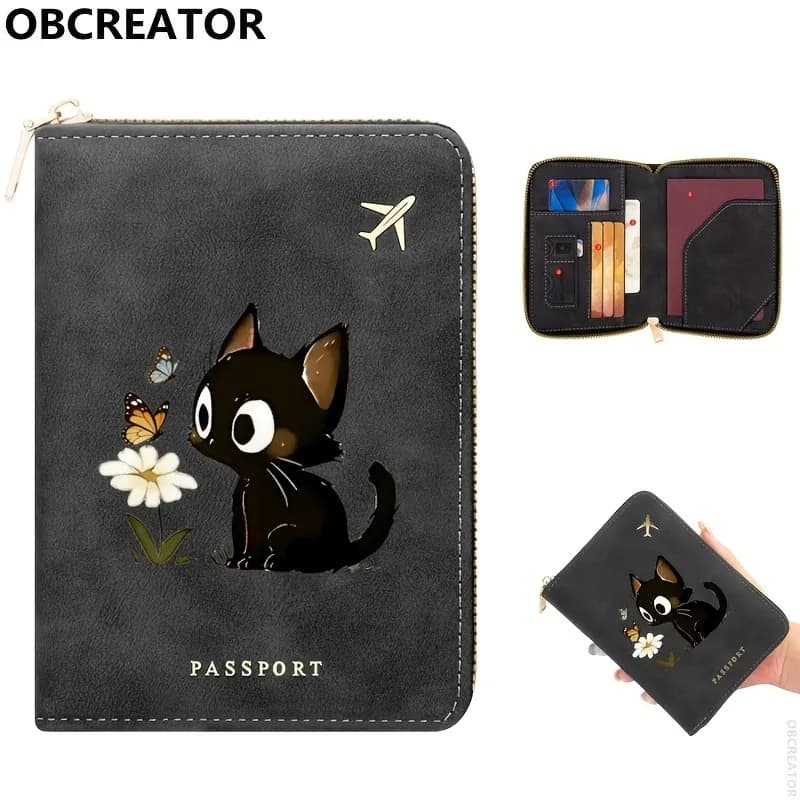 Ladies RFID Blocking PU Leather Card Holder Travel Wallet Cat And Flower Patterned 2D Printed Passport Sleeve Secure Document Or