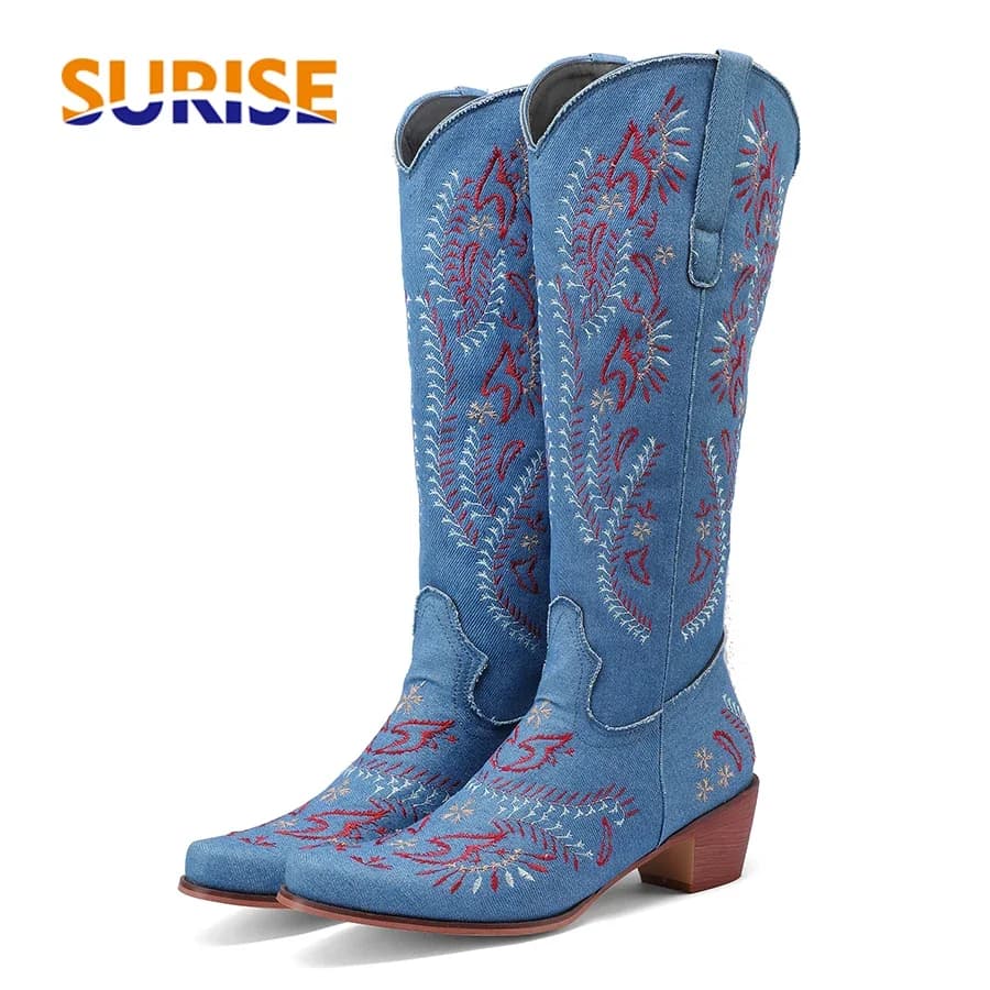 High Knee Boots from West Cowgirl in Blue Denim Women Boots with Embroidery Flower Cowboy Square Heels Round Toe Jeans Black Long Boots brief-on