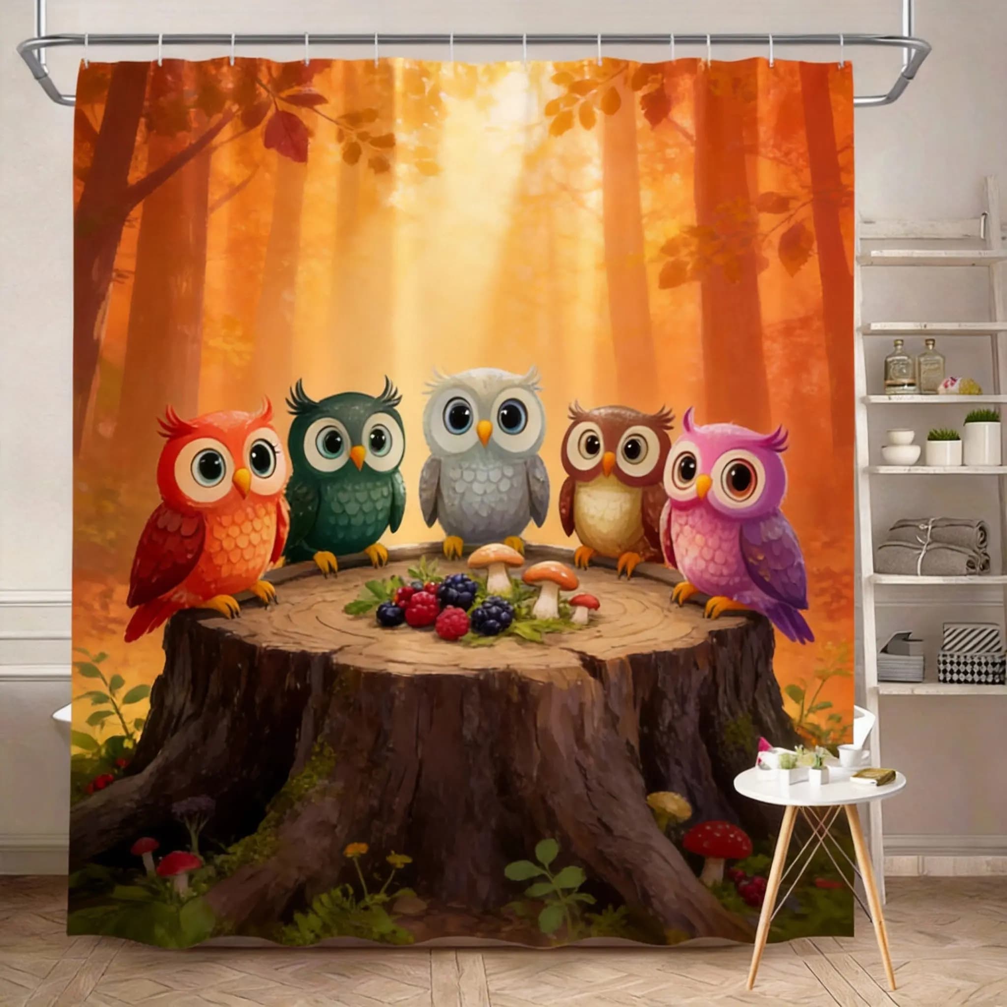 Tenda da doccia con gufo fantasia 180x180 cm – Occhi espressivi e sfondo sfumato pastello, decorazione autunnale per il bagno, 12 ganci