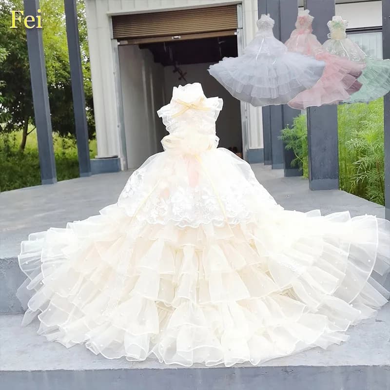 Clothes for pets Photography Fashion Dress Simple Green Light Pink White Beige Clothing for puppies Long tail dress with luxury pearl bow Barboncino