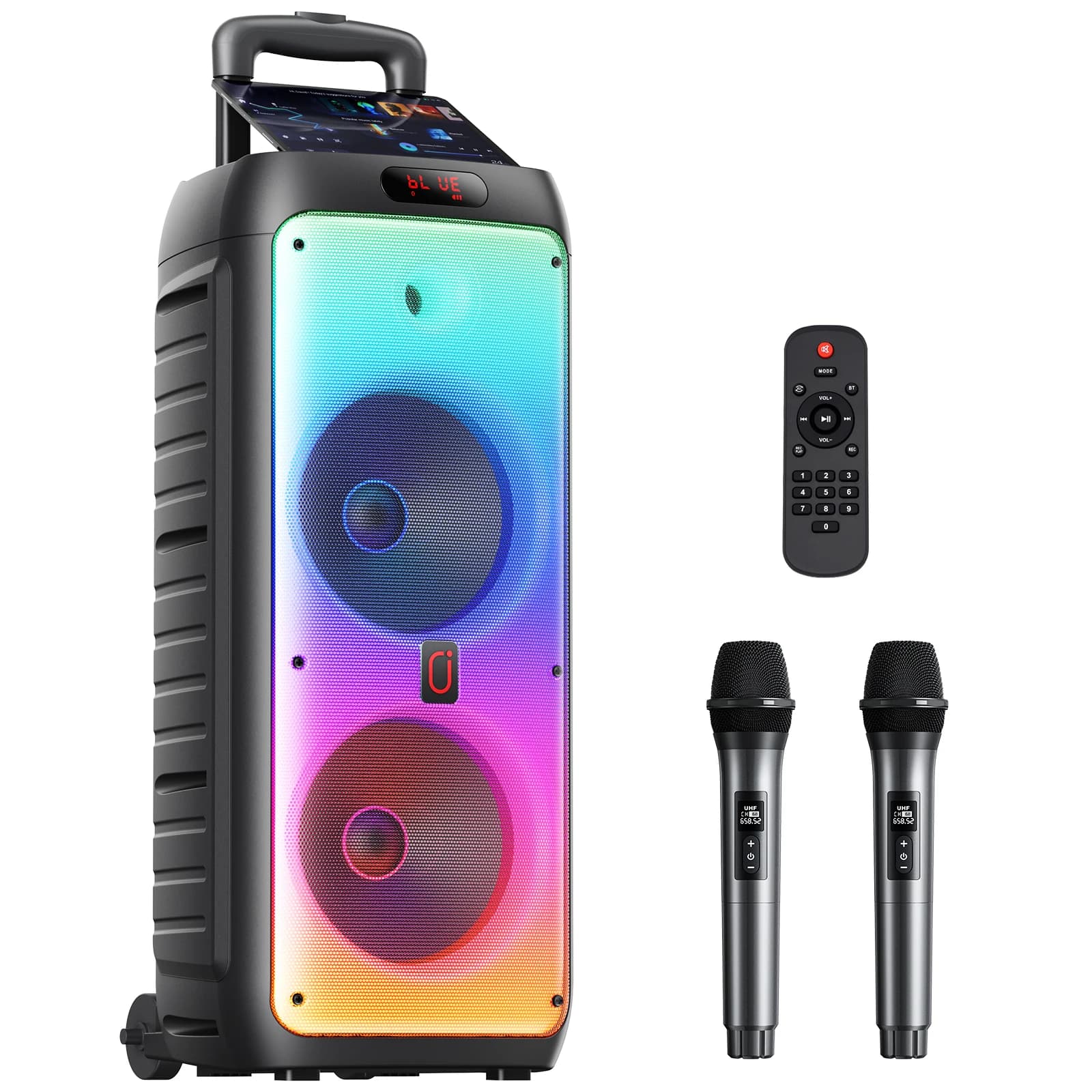 Altoparlante Bluetooth T38 Grande, Speaker Wireless con Ruote e Asta di Spinta, Macchina per Karaoke da 6000mAh con Due Microfoni e TWS