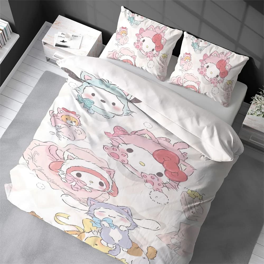 Set Copripiumino S-Sanrio Friends, Stile Casa, Morbido Cotone, Set da Letto 3 Pezzi, Regalo per Dormitorio Studentesco