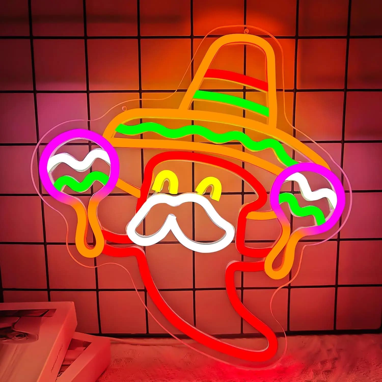 Insegna luminosa al neon Fiesta Sombrero Maracas, scatola luminosa colorata di tendenza, alimentata tramite USB, decorazione versatile
