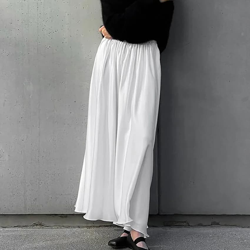 2025 New classic half skirt in high waist loose white satin with elastic belt for commuters and long ankle skirt