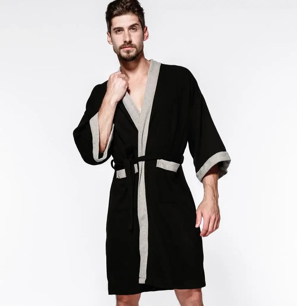Cotone Waffle Uomo Kimono Accappatoio Abito Indumenti da notte Coppia Abito nero Indumenti da notte Allentato Casual Sauna Yukata Primavera Estate Abbigliamento per la casa