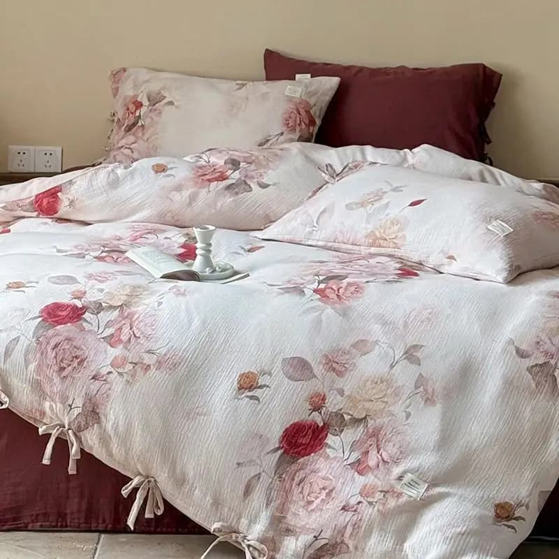 Set of bed linen with laces with print of vintage pink flowers, double layer of yarn, 100% cotton duvet, flat sheet/with corners, pillowcase, 4 pieces